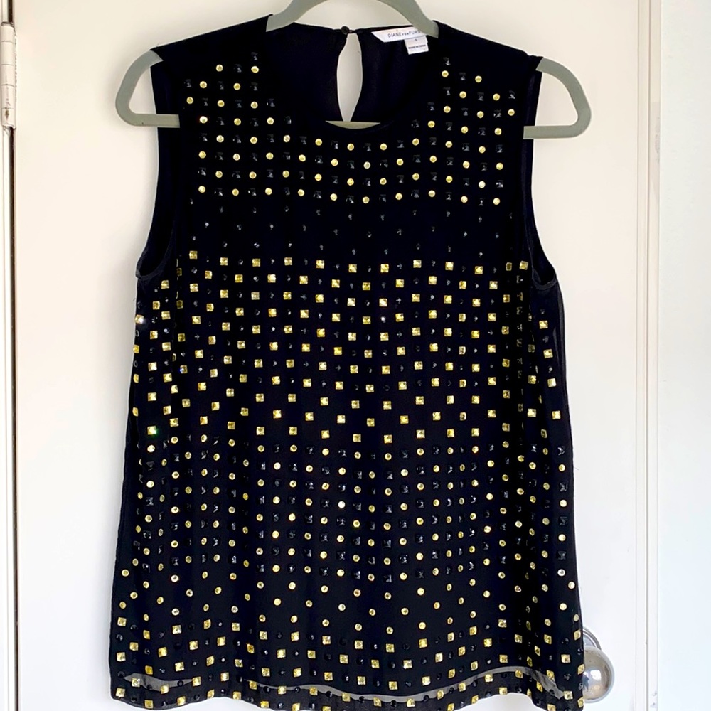 Diane Von Furstenberg Black Silk Beaded Tank Top